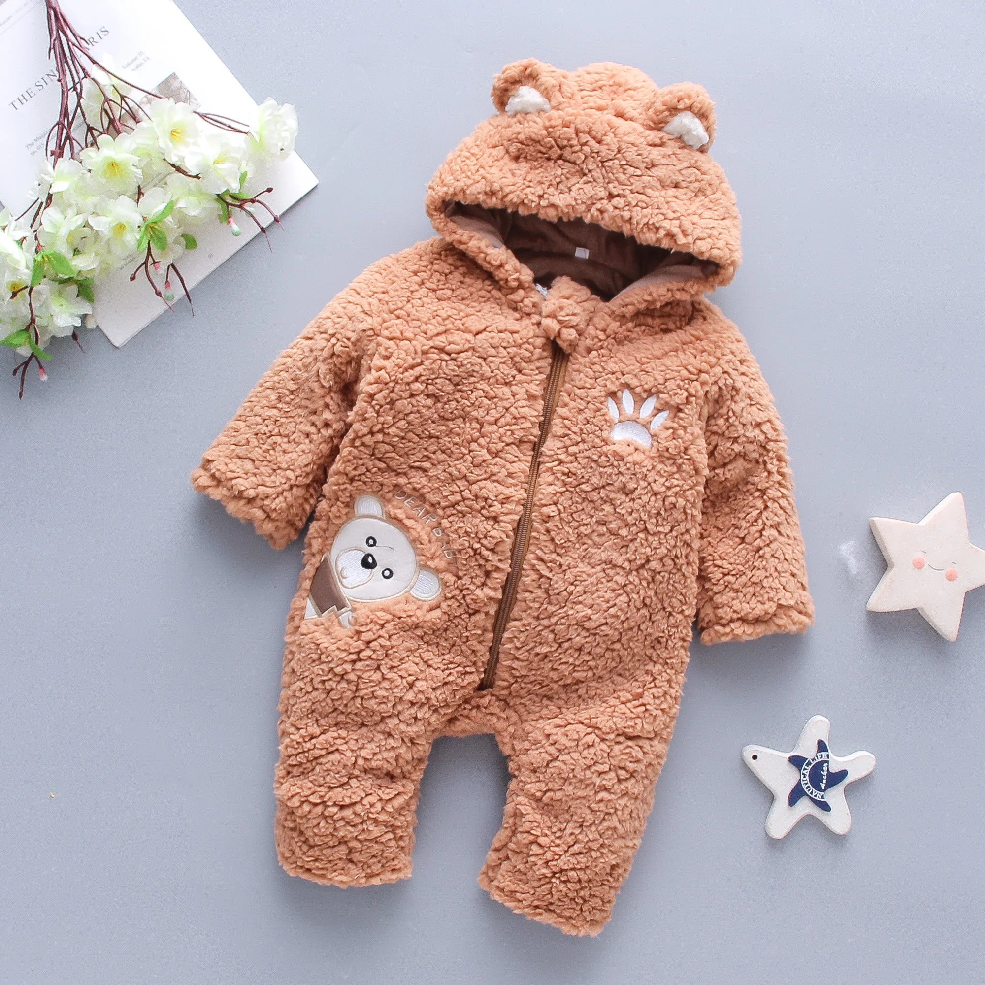 Lamb hair cartoon bear embroidered baby jumpsuit winter new girl baby long sleeved crawling suit thickened girl Brown