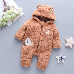 Lamb hair cartoon bear embroidered baby jumpsuit winter new girl baby long sleeved crawling suit thickened girl Brown