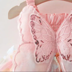 Girls' New Summer Dress With Large Butterfly Wings On The Back Drawstring Waist Mesh Colorful Butterfly Princess Dress