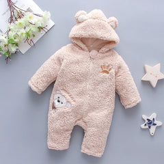 Lamb hair cartoon bear embroidered baby jumpsuit winter new girl baby long sleeved crawling suit thickened girl Khaki