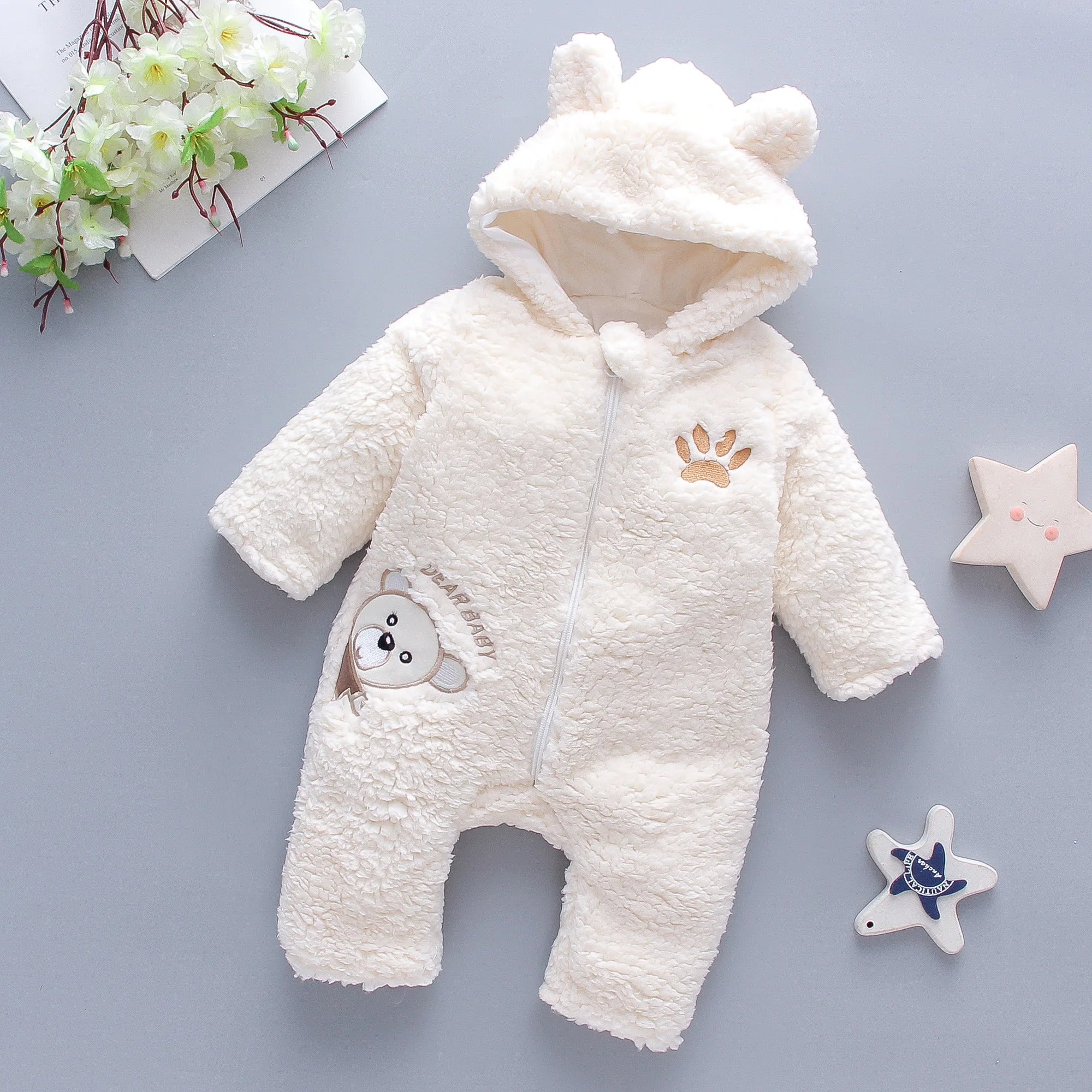 Lamb hair cartoon bear embroidered baby jumpsuit winter new girl baby long sleeved crawling suit thickened girl