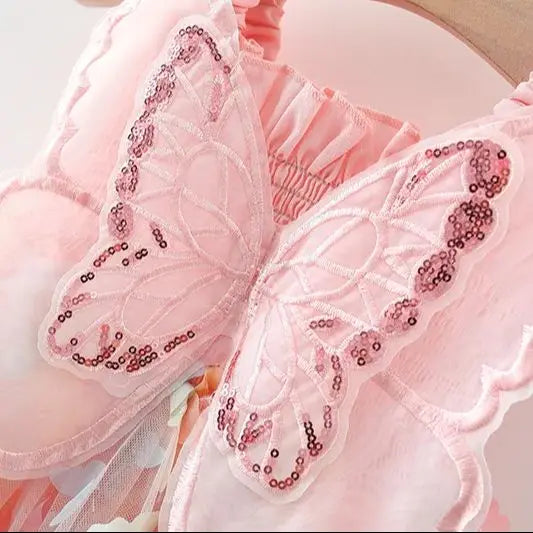 Girls' New Summer Dress With Large Butterfly Wings On The Back Drawstring Waist Mesh Colorful Butterfly Princess Dress