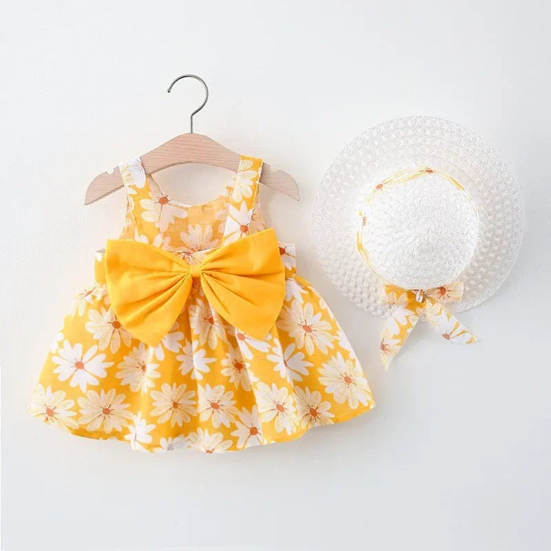 (Girls 0-3 Years Old) Summer New Girls Dress Floral Print Little Fresh Everyday Sweet Princess Dress with Bow Yellow