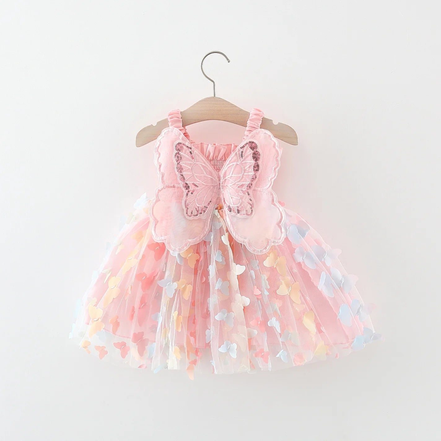 Girls' New Summer Dress With Large Butterfly Wings On The Back Drawstring Waist Mesh Colorful Butterfly Princess Dress Pink