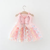 Girls' New Summer Dress With Large Butterfly Wings On The Back Drawstring Waist Mesh Colorful Butterfly Princess Dress Pink