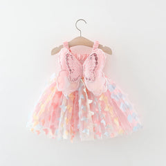 Girls' New Summer Dress With Large Butterfly Wings On The Back Drawstring Waist Mesh Colorful Butterfly Princess Dress Pink