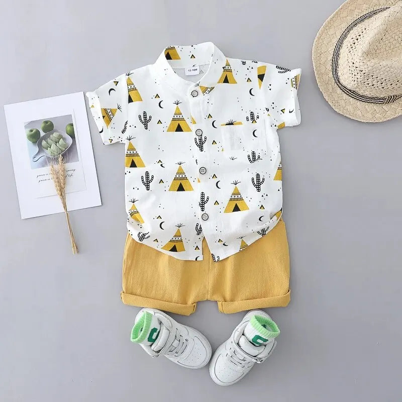 2PCS Children's Summer 100% Cotton Random Full Print Triangle Pattern Short Sleeved Stand up Collar Shirt and Shorts Set yellow