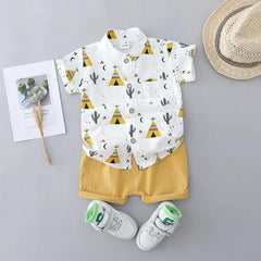 2PCS Children's Summer 100% Cotton Random Full Print Triangle Pattern Short Sleeved Stand up Collar Shirt and Shorts Set yellow