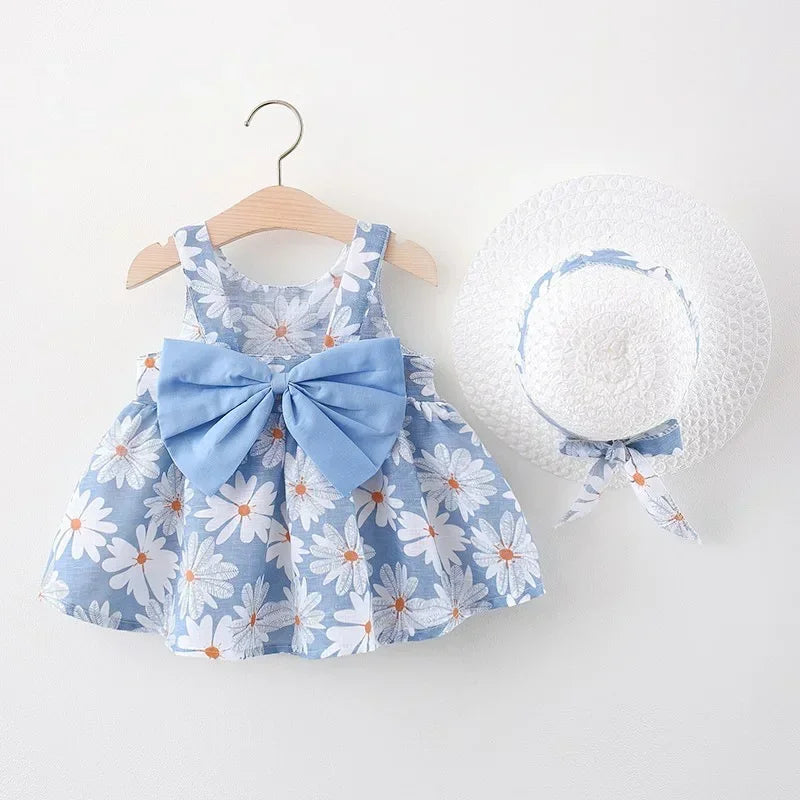 (Girls 0-3 Years Old) Summer New Girls Dress Floral Print Little Fresh Everyday Sweet Princess Dress with Bow Blue