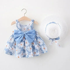 (Girls 0-3 Years Old) Summer New Girls Dress Floral Print Little Fresh Everyday Sweet Princess Dress with Bow Blue