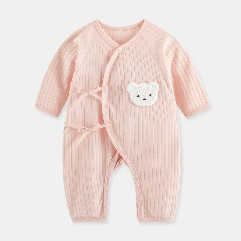 Boys Girls One Piece Outfit 100% Cotton Newborn Baby Long Sleeve Romper Infant Solid Knitting Thin Jumpsuit For Seasons Pink Bear