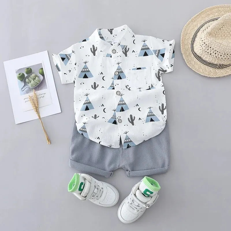 2PCS Children's Summer 100% Cotton Random Full Print Triangle Pattern Short Sleeved Stand up Collar Shirt and Shorts Set blue