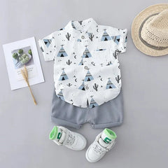 2PCS Children's Summer 100% Cotton Random Full Print Triangle Pattern Short Sleeved Stand up Collar Shirt and Shorts Set blue