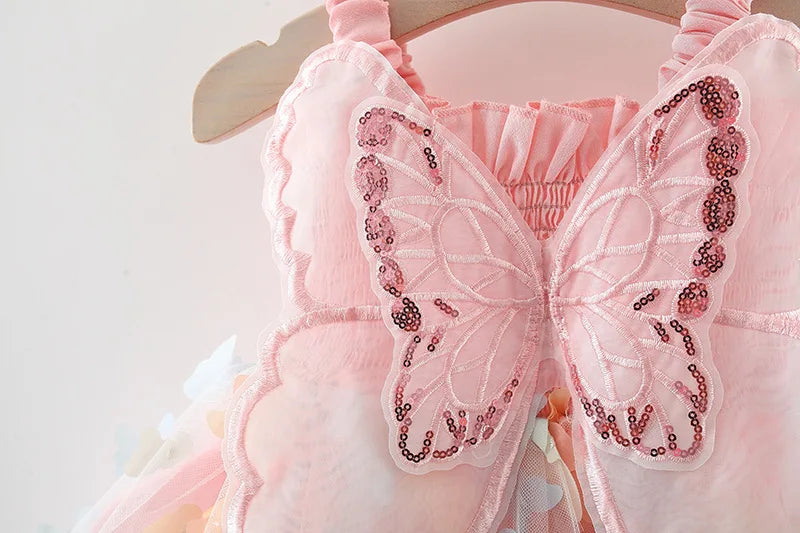 Girls' New Summer Dress With Large Butterfly Wings On The Back Drawstring Waist Mesh Colorful Butterfly Princess Dress