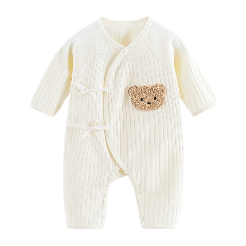 Boys Girls One Piece Outfit 100% Cotton Newborn Baby Long Sleeve Romper Infant Solid Knitting Thin Jumpsuit For Seasons Beige
