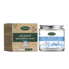 WoodSleep all plant kids bedtime cream in jar and box labeled children's magnesium moisturizer with lavender and chamomile