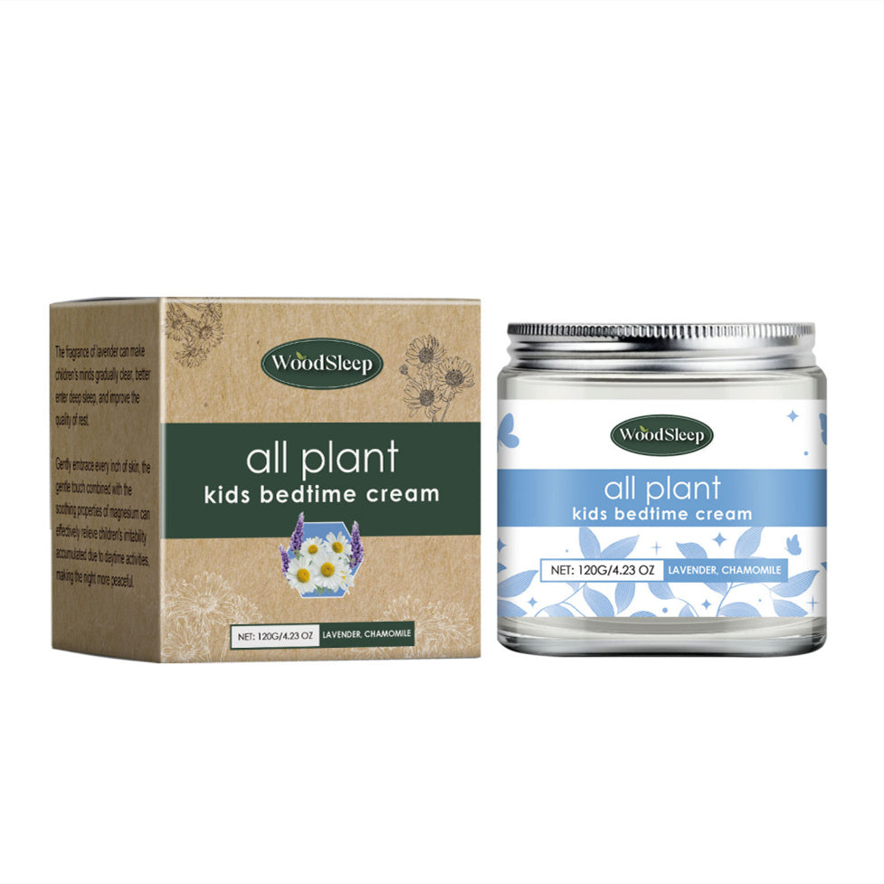 WoodSleep all plant kids bedtime cream in jar and box children's magnesium moisturizer with lavender and chamomile
