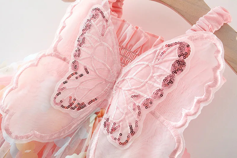 Girls' New Summer Dress With Large Butterfly Wings On The Back Drawstring Waist Mesh Colorful Butterfly Princess Dress