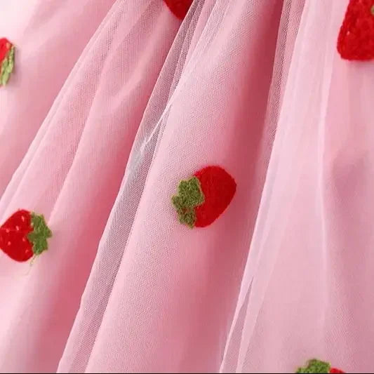 Summer New Girls' Little Flying Sleeve Dress Children's Bow Strawberry Embroidery Mesh Spliced Denim Princess Dress